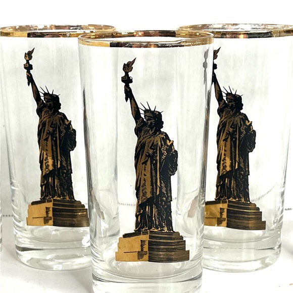 Set of 5 Vintage MCM Statue of Liberty Glass Gold Trim - Picture 2 of 6